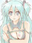  alternate_hairstyle aqua_eyes aqua_hair bad_id breast_squeeze breasts cleavage face hatsune_miku long_hair messy_hair satogo short_twintails solo strap_slip twintails vocaloid 