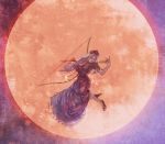  bad_id bow_(weapon) flying hat long_hair moon mouth_hold popompon red_moon silver_hair touhou weapon yagokoro_eirin 