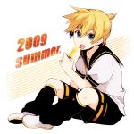  aqua_eyes bad_id blonde_hair kagamine_len male nako75 necktie open_mouth popsicle posicle shirataki_nako short_hair shorts sitting solo vocaloid 