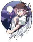  animal_ears cloud full_moon h@ll happy moon musical_note mystia_lorelei night open_mouth outside_of_border pink_eyes pink_hair portrait singing sky smile solo touhou wings 
