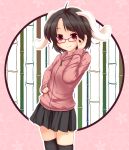  alternate_costume animal_ears bamboo bamboo_forest bespectacled black_hair bunny_ears casual contemporary forest glasses hiiragi_mitsuna inaba_tewi nature short_hair smile solo sweater thigh-highs thighhighs touhou zettai_ryouiki zipper 