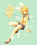  blue_eyes den hair_ribbon kagamine_rin midriff ribbon short_hair shorts solo vocaloid 