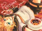  :p blonde_hair blue_eyes cake food kagamine_len lying male mukkun necktie on_back pastry short_hair shorts smile solo tongue vocaloid 