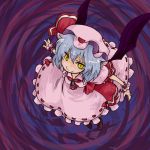  aka_(red_shine) blue_hair from_above hat looking_up purple_background remilia_scarlet seki_(red_shine) smile solo touhou wings wrist_cuffs yellow_eyes 