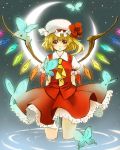  butterfly crescent_moon flandre_scarlet hat moon night night_sky ponytail red_eyes short_hair side_ponytail sirogane sky touhou water wings 