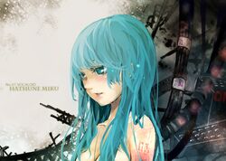  aqua_eyes aqua_hair bad_id bare_shoulders blush hato_(pixiv873046) hatsune_miku long_hair solo vocaloid 