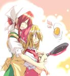  :d :o ^_^ apron closed_eyes cooking egg flandre_scarlet frying_pan head_scarf hong_meiling multiple_girls no_hat no_headwear no_wings open_mouth satoukibi smile touhou 