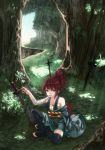  bandage bandages barefoot breasts cleavage feet forest hair_up hase_neet japanese_clothes kimono mouth_hold nature original red_hair redhead sunbeam sunlight sword thigh-highs thighhighs toeless_socks toes weapon 