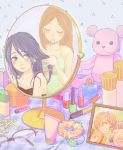  bare_shoulders blush brown_hair camisole closed_eyes combing cosmetics glasses glasses_removed green_eyes hair_tie manjoume_fumi mio-ga mirror mouth_hold okudaira_akira photo photo_(object) purple_hair reflection ribbon scrunchie stuffed_animal stuffed_toy teddy_bear v 