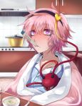  1girl blanket commentary_request cup food hair_between_eyes heart heart_of_string highres komeiji_satori ldl_(bcw1025) pot short_hair sick soup sweat third_eye touhou 