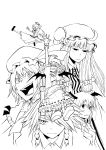  braid flandre_scarlet flying_kick hair_over_one_eye hat head_wings headwings highres hong_meiling izayoi_sakuya karu_(ishiken) karu_(pixiv520294) kicking koakuma millipen millipen_(medium) monochrome nib_pen nib_pen_(medium) patchouli_knowledge remilia_scarlet sharp_teeth touhou traditional_media twin_braids wings 