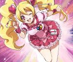 1girl :d blonde_hair cure_peach fresh_precure! gesture long_hair momozono_love nakagawa_waka open_mouth pink_eyes precure smile solo twintails wink 