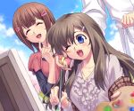  ^_^ adult blue_eyes brown_hair closed_eyes dutch_angle finger_to_face finger_to_mouth food hair_ornament hairclip ice_cream jewelry kanon long_hair misaka_shiori multiple_girls open_mouth painting palette pendant shawl wince wink zen 