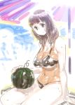  beach bikini breasts brown_hair cleavage food fruit kaqo large_breasts legs long_hair smile swimsuit watermelon wet 