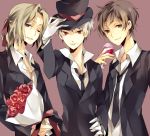  axis_powers_hetalia bad_friends_trio_(hetalia) bad_id blonde_hair blue_eyes brown_hair drinking flower formal france_(hetalia) green_eyes hat hat_tip male multiple_boys necktie prussia_(hetalia) red_eyes rose spain_(hetalia) suit top_hat white_hair wine wink yuzuki_karu 