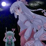  closed_eyes ex-keine ex_keine fujiwara_no_mokou full_moon green_hair horns kamishirasawa_keine long_hair moon night ounen ribbon touhou very_long_hair white_hair 