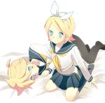  blue_eyes bottomless ecocube hair_ribbon kagamine_len kagamine_rin pantyhose ribbon school_uniform serafuku short_hair siblings skirt socks twins vocaloid 