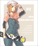  baseball_cap blonde_hair fashion green_eyes hat heart hoodie kagamine_rin music overalls short_hair short_over_long_sleeves skateboard smile solo star vocaloid yakitori_(artist) 