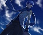  blue_eyes blue_hair cloud clouds from_below kaito male mochi_(piapro) night scarf short_hair sky smile solo vocaloid 