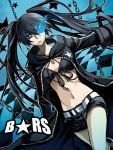  bad_id belt bikini_top black_hair black_rock_shooter black_rock_shooter_(character) blue_eyes boots chain chains coat glowing glowing_eyes long_hair midriff navel obo scar shorts solo star twintails weapon 