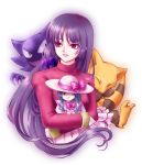  1girl abra doll dress gym_leader hat haunter lipstick long_hair nashinomiya natsume_(pokemon) pokemon pokemon_(anime) pokemon_(creature) purple_hair red_eyes smile very_long_hair 