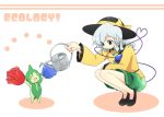  1girl crossover green_eyes hat kneeling komeiji_koishi pokemon pokemon_(creature) roselia short_hair silver_hair soumendaze touhou watering_can 