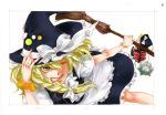  blonde_hair braid broom hand_on_hat hat highres kirisame_marisa touhou wink witch_hat yellow_eyes yoruai 