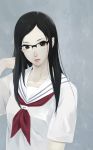  black_hair glasses hair_flip highres original school_uniform serafuku solo suke_akurou 