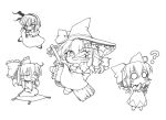  chibi cirno finger_gun grin hakurei_reimu kirisame_marisa konpaku_youmu monochrome neko_shiki_(artist) o_o smile touhou wink 