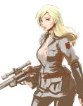  blue_eyes breasts choker gloves gun long_hair metal_gear_solid open_clothes open_jacket rifle sideboob sniper_rifle sniper_wolf weapon 