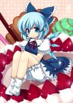  1girl bad_id bloomers blue_eyes blue_hair bow cake cirno food fruit in_food masaru.jp minigirl pastry short_hair socks solo strawberry touhou wings 