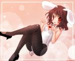  :3 blush bowtie brown_hair bunny_ears bunny_tail bunnysuit fishnet_pantyhose fishnets high_heels inaba_tewi pantyhose rabbit_ears red_eyes scarlet_(studioscr) shoes touhou 
