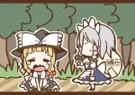  adomi blonde_hair braid carrying comic crying forest hat izayoi_sakuya kirisame_marisa maid millipen_(medium) nature open_mouth short_hair silver_hair tears touhou traditional_media tree twin_braids witch_hat 