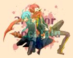  ahoge akaito aqua_eyes aqua_hair back-to-back back_to_back detached_sleeves genderswap hatsune_mikuo kazuta male multiple_boys necktie red_eyes red_hair redhead scarf short_hair vocaloid 