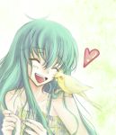  bird bird_on_shoulder c.c. cc closed_eyes code_geass green_hair heart laughing natsu_karazu smile solo 