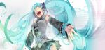  aqua_hair bad_id closed_eyes detached_sleeves hatsune_miku headphones headset kasu_(pixiv108801) lipstick long_hair necktie open_mouth skirt smile solo twintails very_long_hair vocaloid 