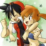  gym_leader hat hug kasumi_(pokemon) lowres midriff navel nintendo open_mouth orange_hair pokemon pokemon_special red_(pokemon) short_hair side_ponytail smile thumbs_up wink 