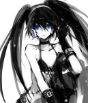  bikini_top black_hair black_rock_shooter black_rock_shooter_(character) blue_eyes gloves headphones headset i-riya long_hair lowres midriff navel pale_skin scar shorts simple_background solo twintails uneven_twintails 