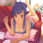  barefoot blue_hair book breasts brown_eyes camisole cleavage couch down_blouse erect_nipples face foreshortening hands legs legs_up lying on_stomach original panties pen pillow solo strap_slip sweat underwear yamamoto_shima 