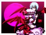 1boy 1girl bad_id bat_wings blue_hair character_request couple crossover dress fang formal full_moon hat hat_ribbon highres hug looking_back moon pop'n_music purple_hair red_eyes red_moon remilia_scarlet ribbon short_hair short_sleeves smile touhou uka_(color_noise) vampire wallpaper wings wink wrist_cuffs yuli 