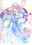  butterfly fan ghost hat japanese_clothes pink_hair retsuna saigyouji_yuyuko touhou traditional_media 