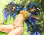  blue_hair blush food fruit grass hat hat_removed headwear_removed hinanawi_tenshi long_hair looking_at_viewer lying navel on_back peach red_eyes scarlet_(studioscr) shade touhou tree under_tree very_long_hair 