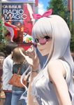 1girl adjusting_sunglasses bare_shoulders bracelet hairband idolmaster jewelry lips lipstick long_hair looking_at_viewer looking_back makeup pinky_out red_eyes shijou_takane shimejirou silver_hair sleeveless smile solo_focus sunglasses 
