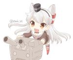  1girl :d amatsukaze_(kantai_collection) brown_eyes chibi commentary_request fang garter_straps hair_tubes hat kantai_collection kotanuki_329 lifebuoy long_hair multicolored_legwear o_o open_mouth rensouhou-kun sailor_collar sailor_dress silver_hair simple_background smile solo striped striped_legwear thigh-highs twitter_username two_side_up white_background 