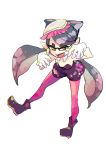 &gt;:d 1girl :d callie_(splatoon) detached_collar earrings fangs full_body gloves jewelry leaning_forward long_hair mask mole mole_under_eye open_mouth orange_eyes pantyhose pointy_ears purple_hair purple_legwear saji_yarou simple_background smile solo splatoon tentacle_hair unitard white_background white_gloves