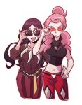  2girls black_hair breasts dogy dracaena_(pokemon) elite_four highres jewelry long_hair multiple_girls navel necklace pachira_(pokemon) pink_hair pokemon pokemon_(game) pokemon_xy smile sunglasses 