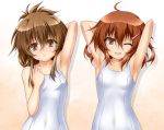  2girls ;d ahoge alternate_costume arm_up armpits arms_up blush brown_eyes brown_hair fang folded_ponytail hair_ornament hairclip ikazuchi_(kantai_collection) inazuma_(kantai_collection) kantai_collection looking_at_viewer multiple_girls one-piece_swimsuit one_eye_closed open_mouth roura school_swimsuit school_uniform short_hair smile swimsuit white_school_swimsuit white_swimsuit 