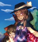  2girls angry bow brown_eyes brown_hair cape clouds detached_sleeves glasses hair_bow hair_tubes hakurei_reimu hat hat_bow headlock long_hair long_sleeves low_twintails meu multiple_girls one_eye_closed open_mouth red-framed_glasses school_uniform sky smile touhou twintails usami_sumireko 