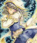  1girl gradient gradient_background hat juliet_sleeves lavender_eyes letty_whiterock long_sleeves looking_at_viewer parted_lips puffy_sleeves qqqrinkappp ribbon short_hair silver_hair skirt skirt_set solo touhou traditional_media watercolor_(medium) wind 