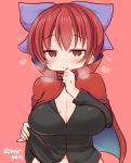  1girl blush breasts breath cape cleavage hair_ornament hair_ribbon large_breasts long_sleeves looking_at_viewer marshmallow_mille navel red_background red_eyes redhead ribbon sekibanki shirt_lift short_hair simple_background smile solo sweat touhou twitter_username upper_body 